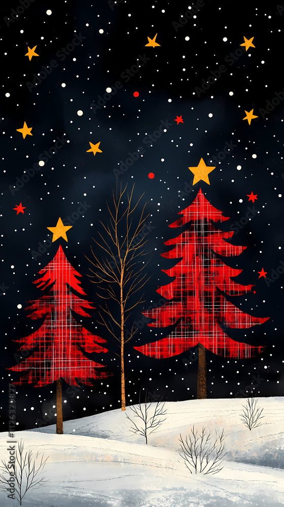 Obraz premium An image of plaid Christmas trees with a black and white polka dot background and bright reds and yellow stars at the top of the tree.