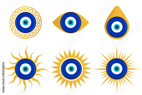 Evil eye blue Turkish symbol set. Magic nazar bead. Greece and Turkish amulet esoteric design for luck and protection with golden frame