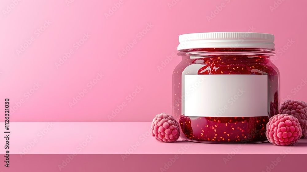 Vibrant raspberry jam inside a glass jar with a white label, perfectly placed on a smooth pink backdrop for branding mockup. Vibrant raspberry jam inside a glass jar with a white label, perfectly placed on a smooth pink backdrop for branding mockup.