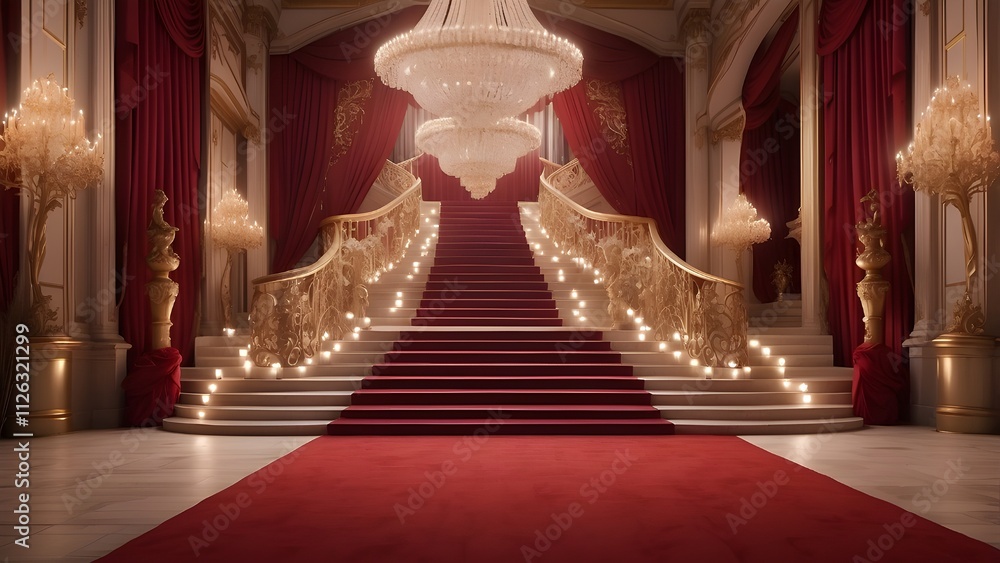 An opulent entry is created with a red carpet that leads up a large staircase and is bordered by rich draperies and tasteful lighting. An opulent entry is created with a red carpet that leads up a large staircase and is bordered by rich draperies and tasteful lighting.