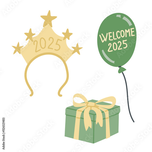 New Years celebration set with golden 2025 headband, green balloon, and gift box. Party elements in vector flat style isolated on white background