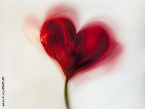 Blurred red flower forming a heart-like shape, conveying love and romance, isolated on a light background. photo