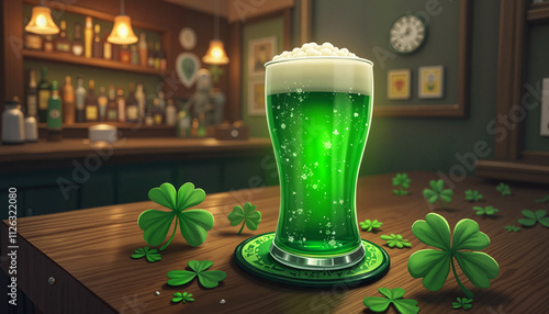 Green beer in a frosted glass on a bar counter with shamrock coaster in dim pub lighting photo