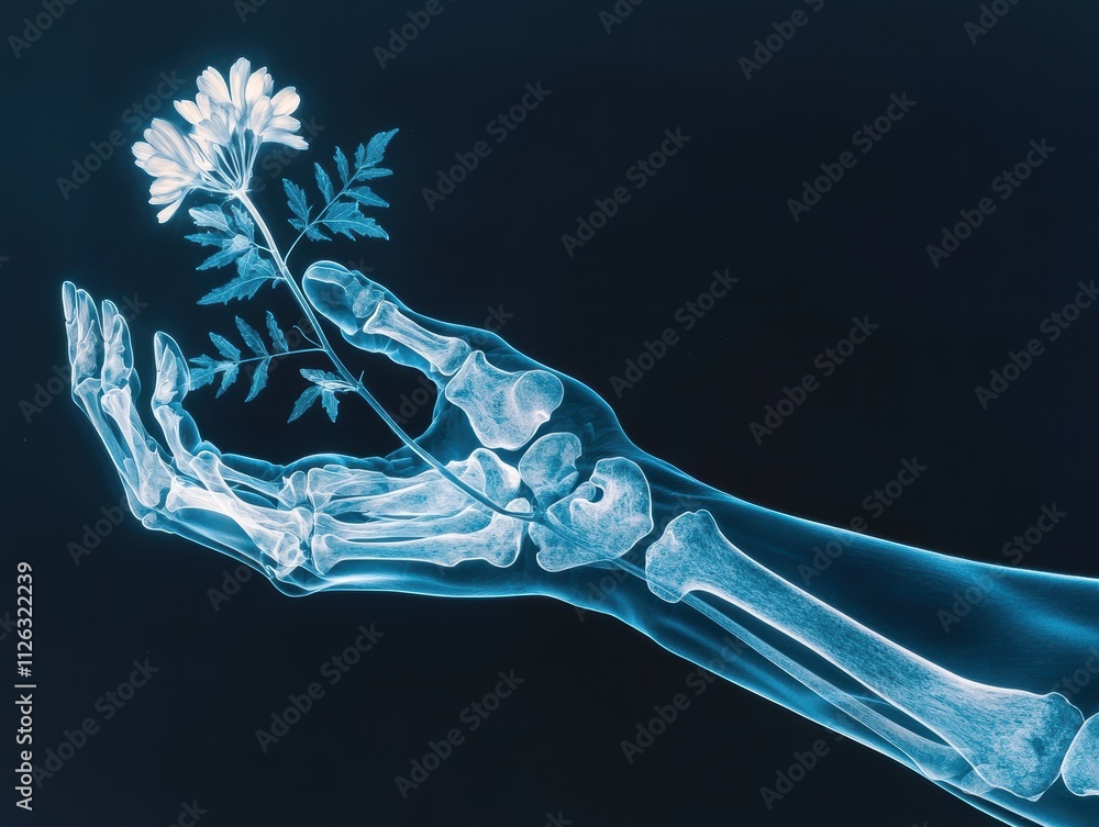 Naklejka premium X-ray Image of Human Hand Holding Flower Symbolizing Life and Nature