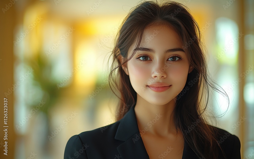 A woman in a suit is smiling for the camera A woman in a suit is smiling for the camera