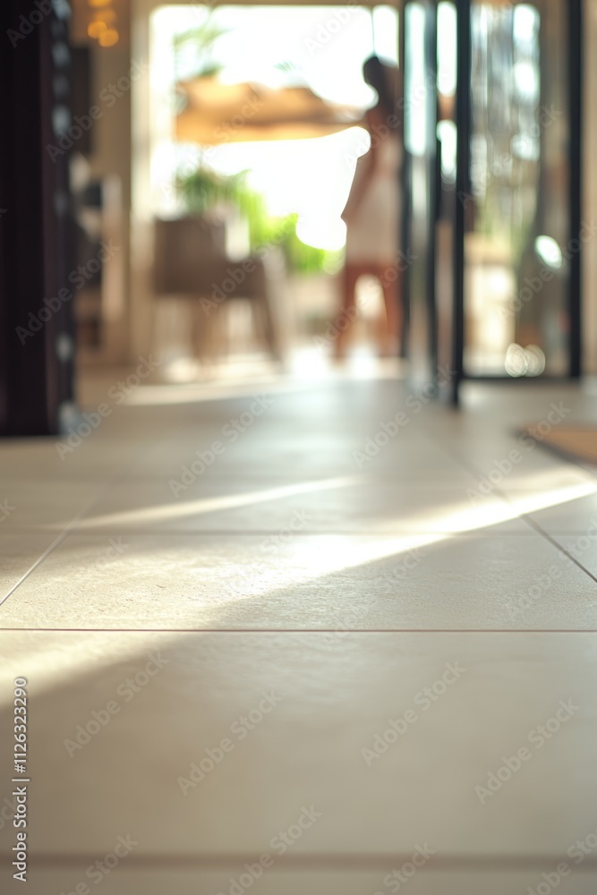 Close-up of tiled floor with sunlight casting shadows, background out of focus shows a person silhouette indoors. Close-up of tiled floor with sunlight casting shadows, background out of focus shows a person silhouette indoors.