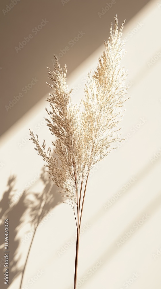 Fototapeta premium Delicate pampas grass casting shadows on a sunlit beige background, perfect for minimalist and nature-inspired decor themes.
