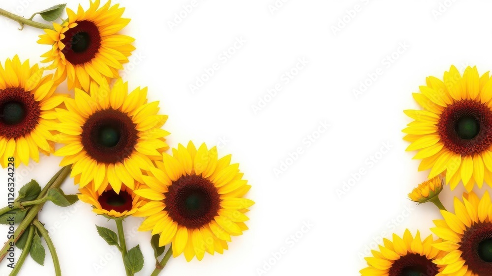 Vibrant sunflowers arranged neatly on a clean white background, colorful Vibrant sunflowers arranged neatly on a clean white background, colorful