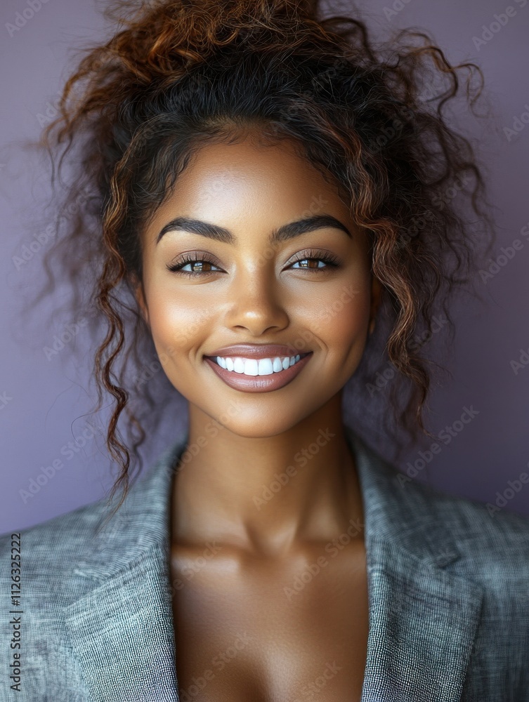 Naklejka premium A woman with a black hair and brown eyes is smiling
