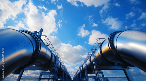 A view of large metallic pipelines stretching towards a bright blue sky, showcasing industrial infrastructure and engineering.