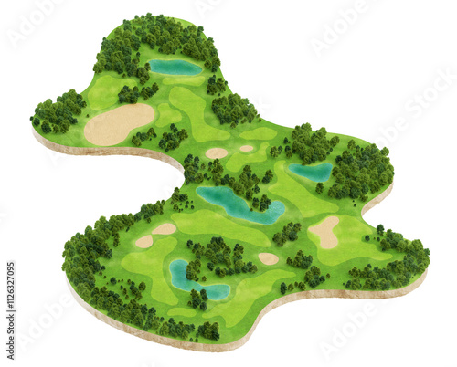 3d realistic illustration of golf course map in isometric view. Nature landscape territory for game isolated on white background.