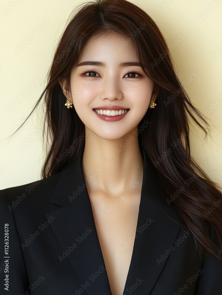 A woman in a suit is smiling for the camera A woman in a suit is smiling for the camera