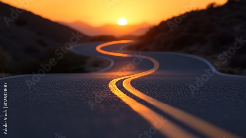 The Road Ahead: A winding asphalt road stretches towards a vibrant sunset, promising adventure and new horizons. The warm glow of the setting sun casts a golden hue on the road ahead. photo