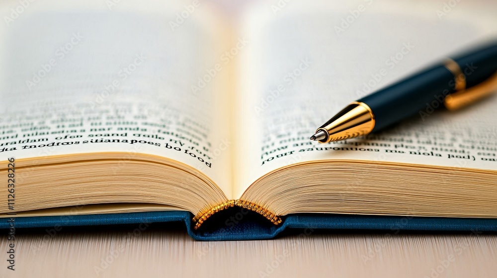 Open Book with Pen: A classic image of an open book with a pen resting on the page, suggesting reading, writing, learning, or studying. The image evokes a sense of knowledge, wisdom. Open Book with Pen: A classic image of an open book with a pen resting on the page, suggesting reading, writing, learning, or studying. The image evokes a sense of knowledge, wisdom.