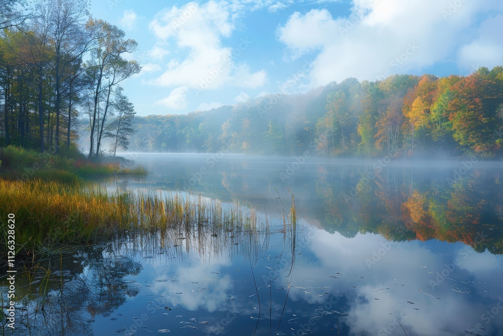 Misty morning at a tranquil river surrounded by lush trees and fog, creating a serene atmosphere in nature Misty morning at a tranquil river surrounded by lush trees and fog, creating a serene atmosphere in nature