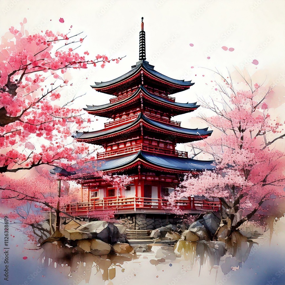 Obraz premium A traditional Japanese pagoda surrounded by cherry blossoms, painted in watercolor