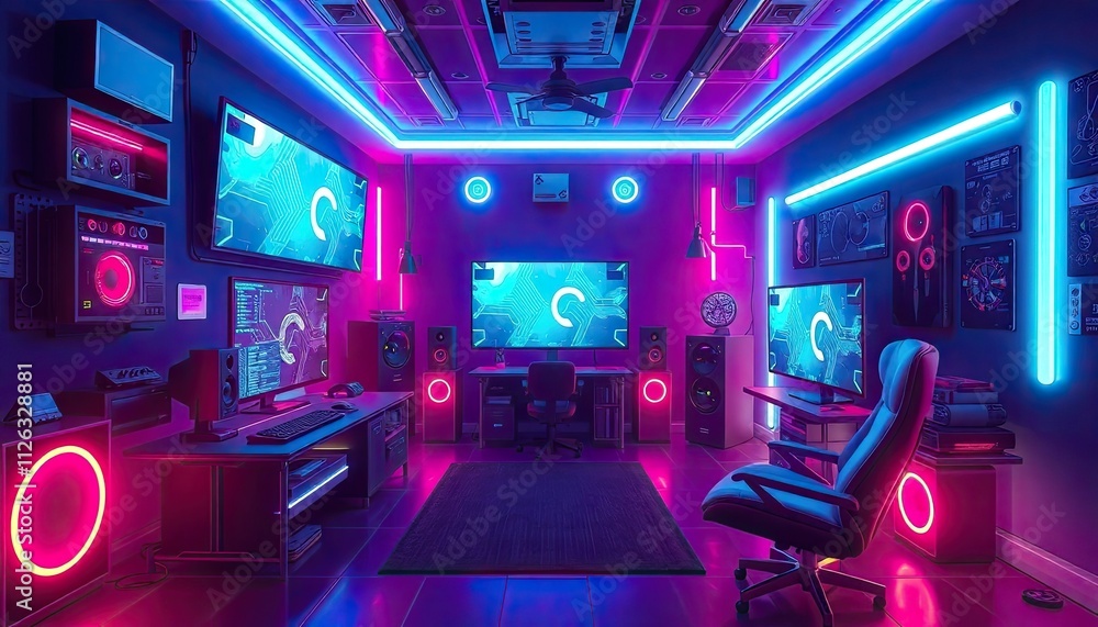 gaming room background featuring neon lights, high-tech gear, and a futuristic setup in a digital illustration gaming room background featuring neon lights, high-tech gear, and a futuristic setup in a digital illustration