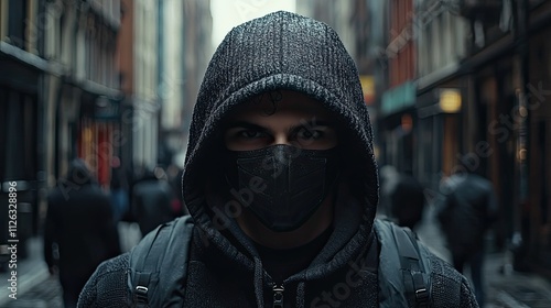 Mysterious figure in a hooded sweater walking through a narrow city street at dusk with people in the background