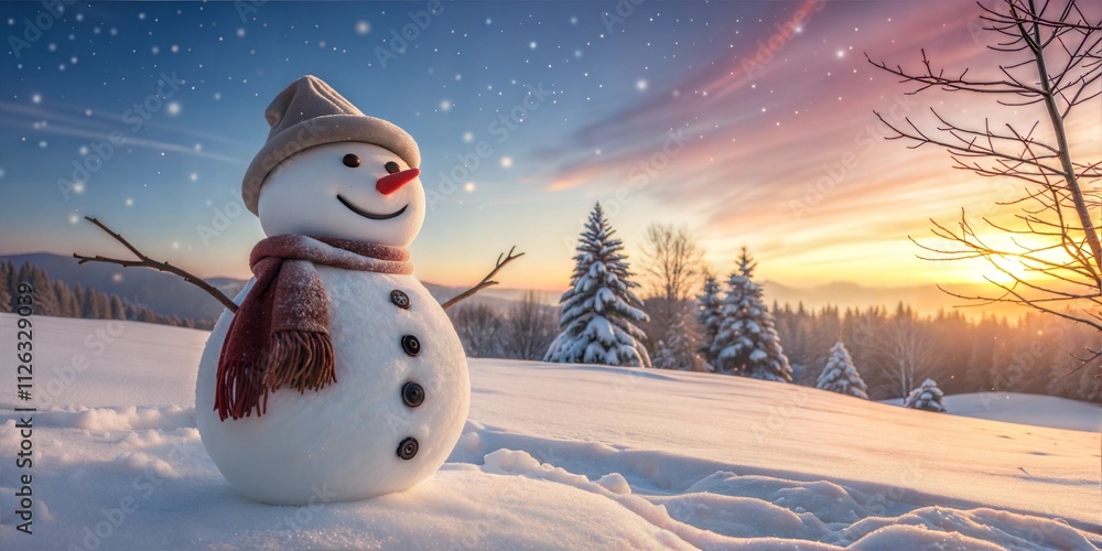 Obraz premium Smiling Snowman in Winter Sunset - Christmas and New Year Background