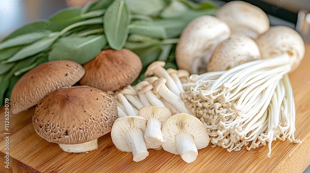 Wild forest mushrooms including maitake, oyster, and enoki with sage sprigs on a wooden chopping board, Generative AI 