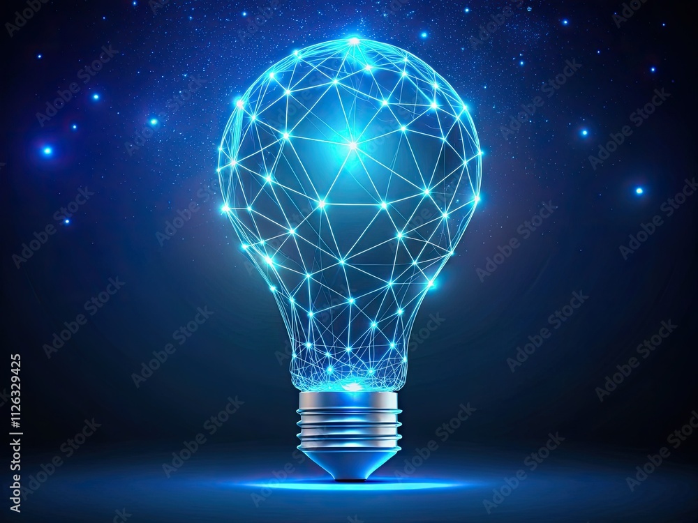 Glowing Blue Low Poly Light Bulb - Abstract Geometric Wireframe 3D Illustration Glowing Blue Low Poly Light Bulb - Abstract Geometric Wireframe 3D Illustration