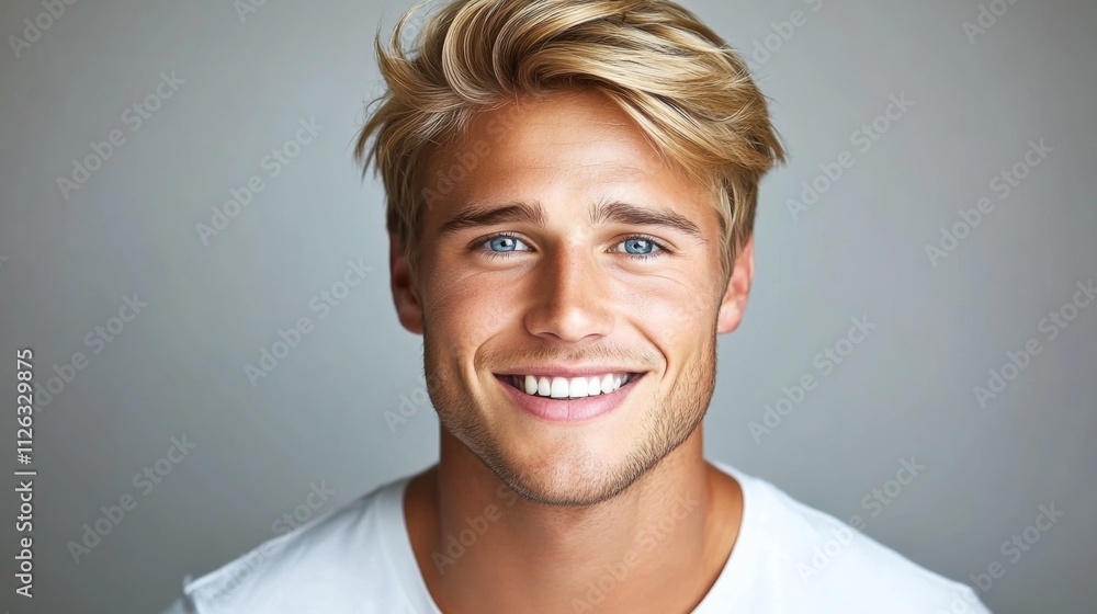Portrait of smiling young man with blonde hair and blue eyes in white t-shirt against grey background Portrait of smiling young man with blonde hair and blue eyes in white t-shirt against grey background