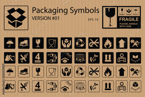 Corrugated Box Packaging and warning symbols set, fragile cargo icons, fragile package warning signs umbrella, box in hands, glass, side up box, logistics delivery shipping special labels vector