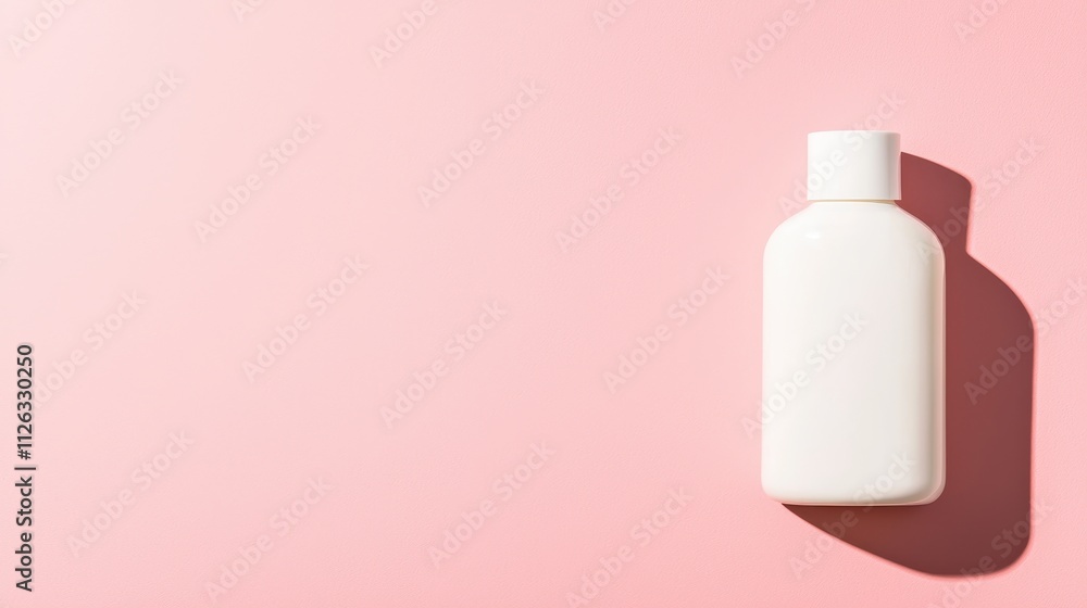Minimalistic white bottle on a soft pink background, perfect for beauty or skincare products. Minimalistic white bottle on a soft pink background, perfect for beauty or skincare products.