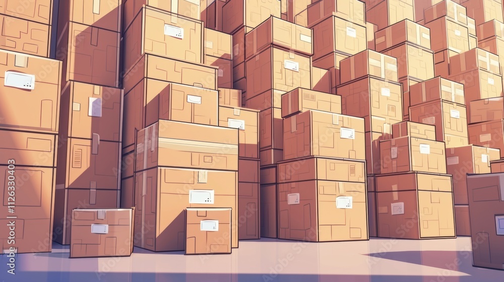 A stack of neatly packed labeled boxes containing modular components made in a microfactory for shipment to various manufacturers. The compact size of the boxes reflects the A stack of neatly packed labeled boxes containing modular components made in a microfactory for shipment to various manufacturers. The compact size of the boxes reflects the