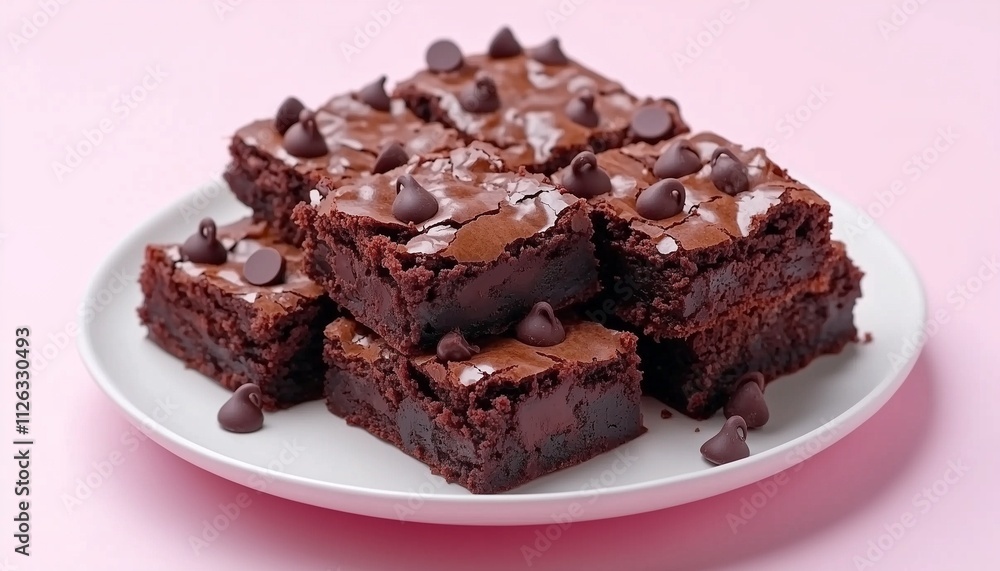 Chocolate brownies soft sweet with chips on white plate for snack Chocolate brownies soft sweet with chips on white plate for snack
