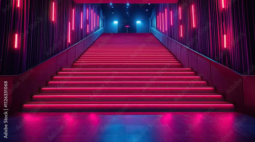 Fototapeta premium Modern staircase illuminated with vibrant pink and blue lights in a stylish venue