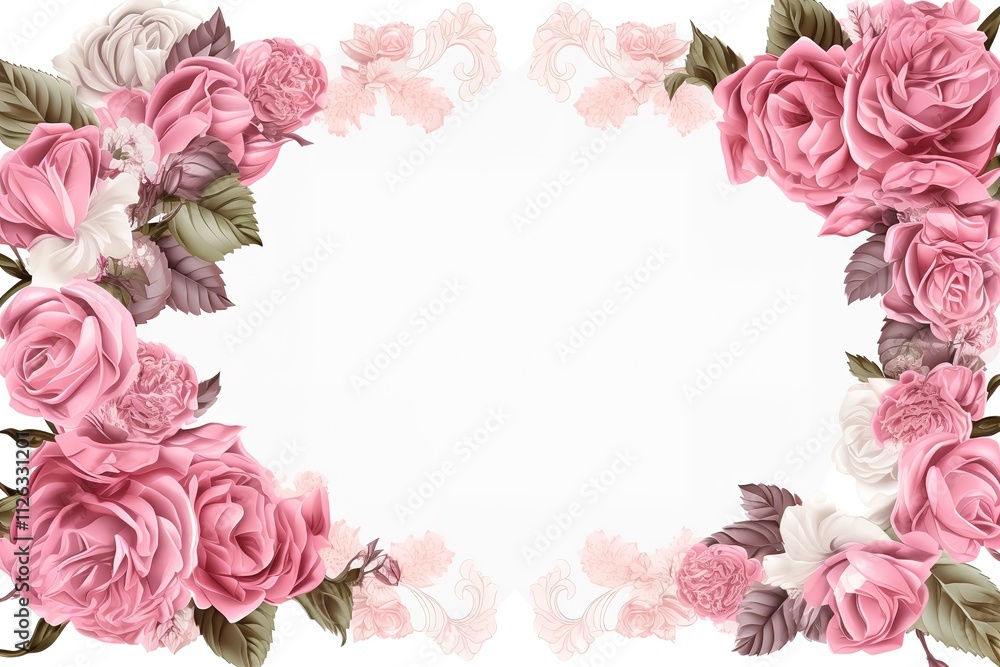 Template for invitation, greeting card, decorated with pink flowers of roses and leaves.
Template for invitation, greeting card, decorated with pink flowers of roses and leaves.