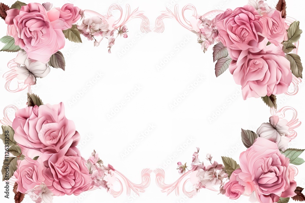 Template for invitation, greeting card, decorated with pink flowers of roses and leaves.
Template for invitation, greeting card, decorated with pink flowers of roses and leaves.