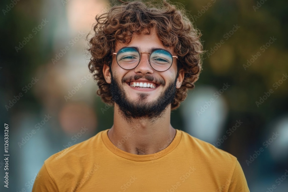 Happy and relaxed young man with curly hair and beard, wearing glasses and yellow shirt, in dreamy outdoor setting Happy and relaxed young man with curly hair and beard, wearing glasses and yellow shirt, in dreamy outdoor setting