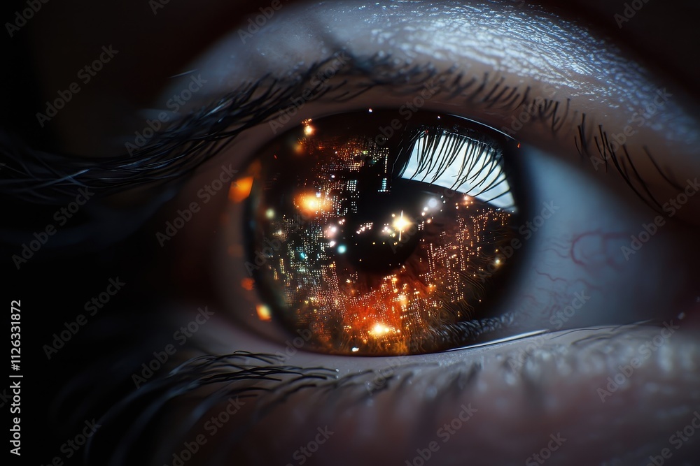 Naklejka premium Close-Up of a Human Eye Reflecting AI Data: A Glimpse into Intelligent Learning and Self-Discovery