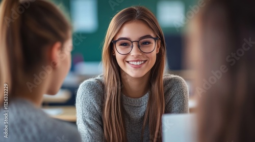 Happy young woman with long brown hair and glasses smiling in classroom with friend, blurred background of desks and chairs