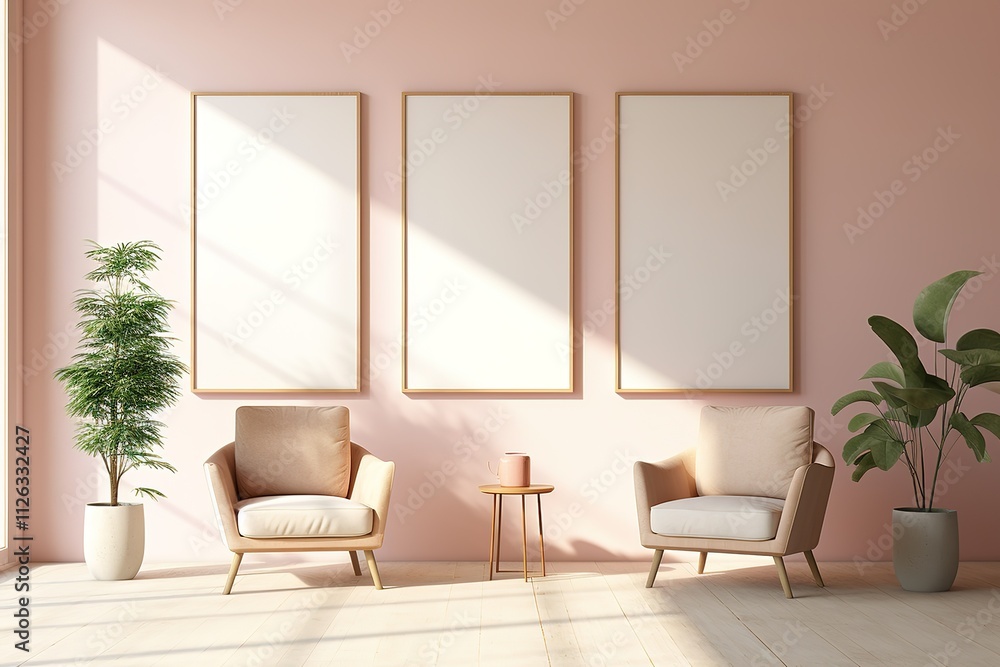Mockup three poster frame in modern interior background with pink chair, living room, Scandinavian style, 3D render, 3D illustration
Mockup three poster frame in modern interior background with pink chair, living room, Scandinavian style, 3D render, 3D illustration