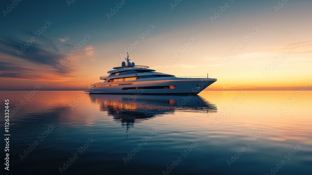 A luxurious yacht anchored at sunset, reflecting on calm waters, epitomizing leisure and elegance. A luxurious yacht anchored at sunset, reflecting on calm waters, epitomizing leisure and elegance.