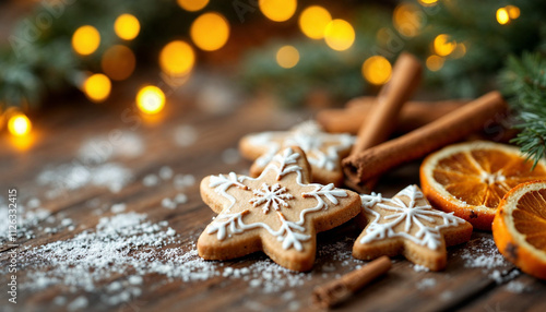 Christmas cookies, cinnamon sticks, and dried orange slices on a wooden surface with holiday lights.

 photo