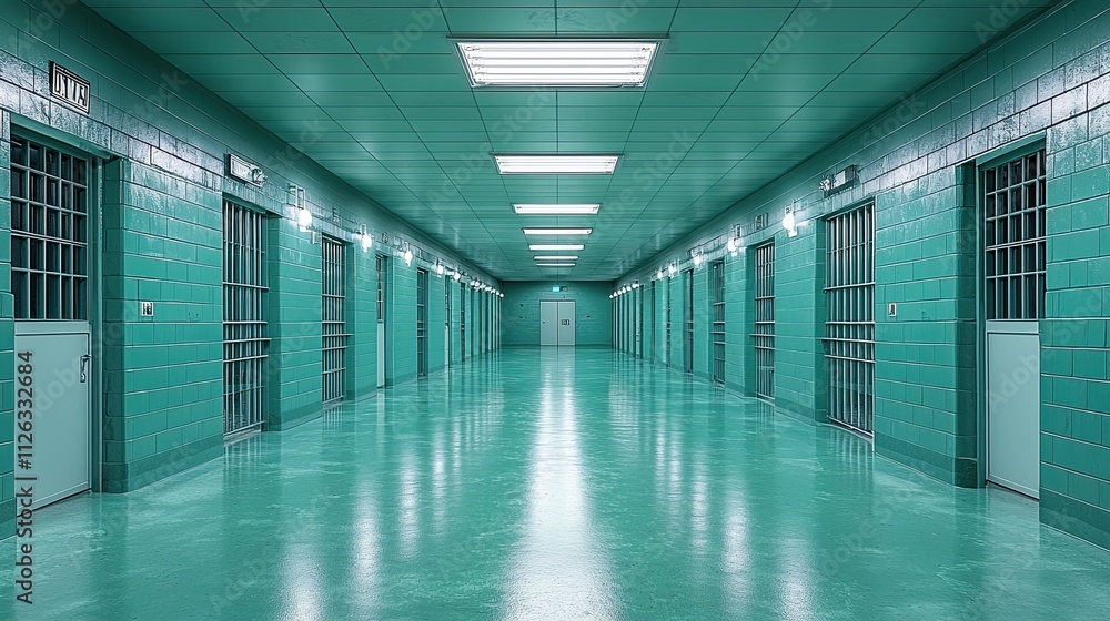 Fototapeta premium Long, empty corridor in a correctional facility with cells on both sides under fluorescent lighting