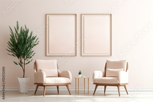 Mockup three poster frame in modern interior background with pink chair  living room  Scandinavian style  3D render  3D illustration 