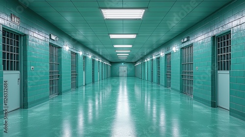 Long  empty corridor in a correctional facility with cells on both sides under fluorescent lighting