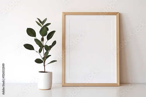 Vertical picture frame mockup on white table. Vase with green branch, mug of tea, paper notebook. White wall background. Nordic style living room interior design 