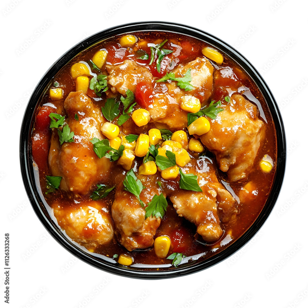 Extreme top view of hyperrealistic chicken and corn stew in a dark glass bowl isolated on a white background well lit sharp focus Extreme top view of hyperrealistic chicken and corn stew in a dark glass bowl isolated on a white background well lit sharp focus