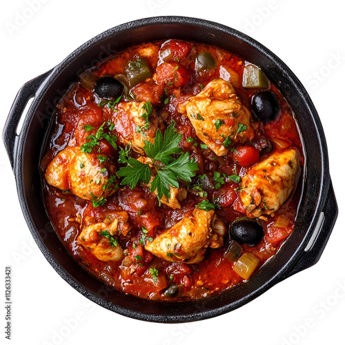 Extreme top view of hyperrealistic chicken cacciatore stew in a dark cast iron Dutch oven isolated on a white background well lit sharp focus photo