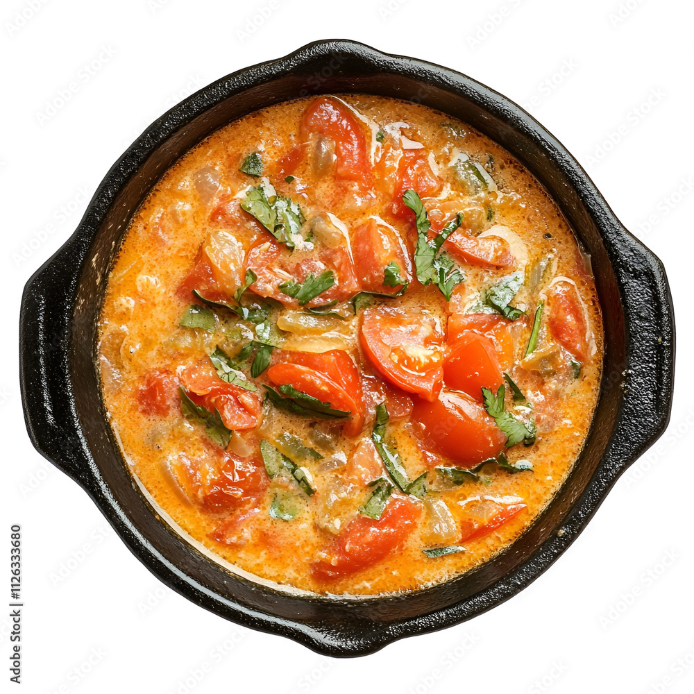 Extreme top view of hyperrealistic creamy tomato stew in a dark cast iron pot isolated on a white background well lit sharp focus. Extreme top view of hyperrealistic creamy tomato stew in a dark cast iron pot isolated on a white background well lit sharp focus.