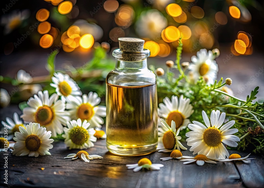 Night Photography: Chamomile & Daisy Essential Oils, Organic Cosmetic Beauty Treatment, Spa Night Photography: Chamomile & Daisy Essential Oils, Organic Cosmetic Beauty Treatment, Spa