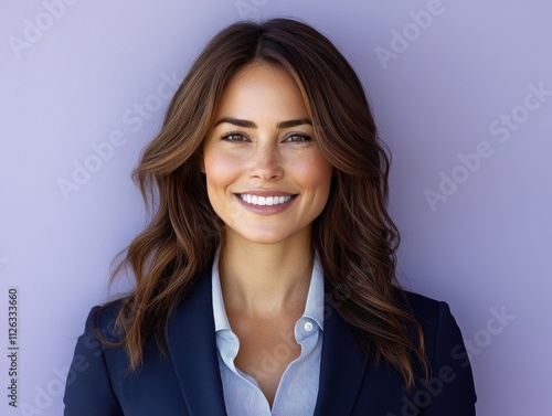 A woman in a suit is smiling for the camera