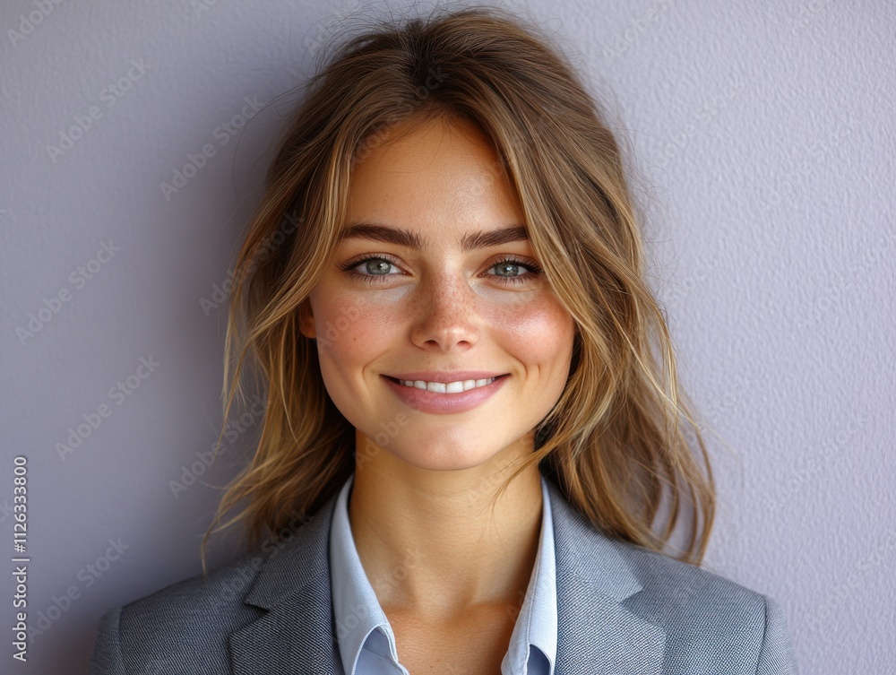A woman in a suit is smiling for the camera A woman in a suit is smiling for the camera