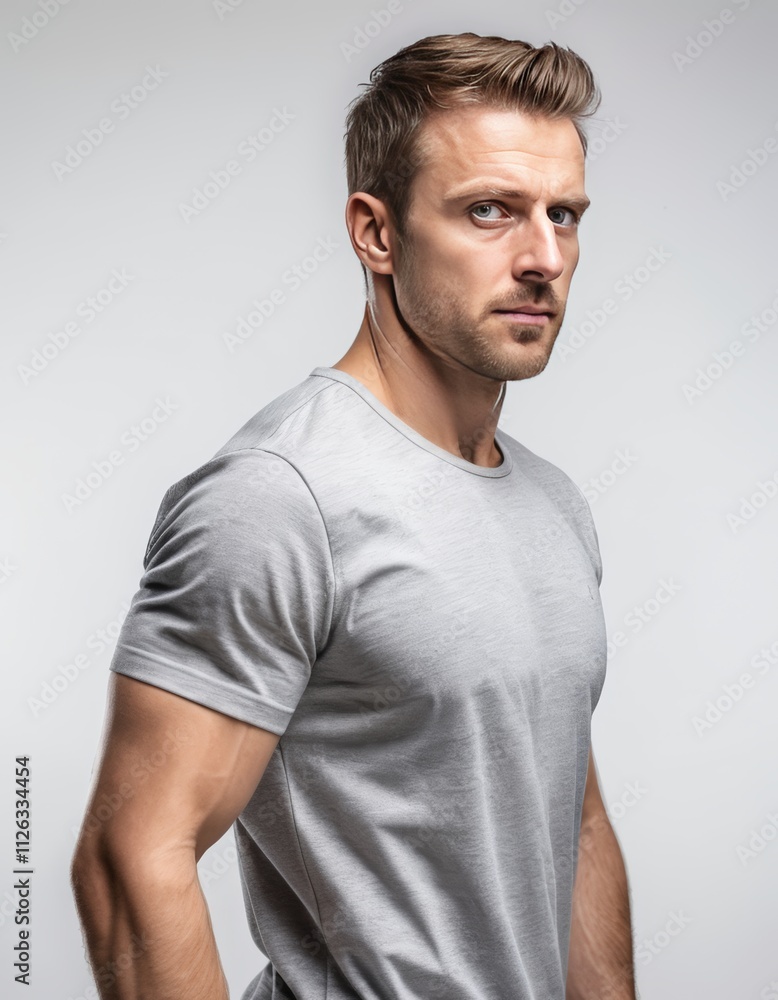 Muscular man in gray shirt standing hands in pockets. Suitable for fitness, lifestyle, casual wear, masculinity themes in designs. Muscular man in gray shirt standing hands in pockets. Suitable for fitness, lifestyle, casual wear, masculinity themes in designs.